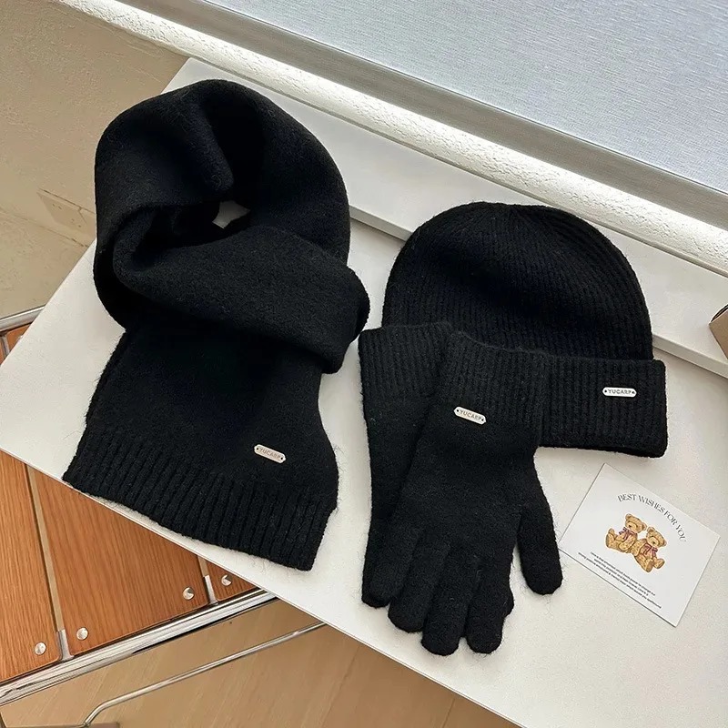 2025Knitted hat scarf gloves three piece set solid color wool autumn and winter warm versatile hat windproof casual scarf