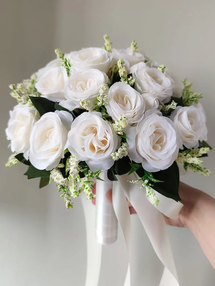 Bouquet da sposa bianco per la sposa, damigella d'onore, rose di seta, fiori artificiali, fiore all'occhiello, bouquet da sposa, accessori da sposa, corpetto