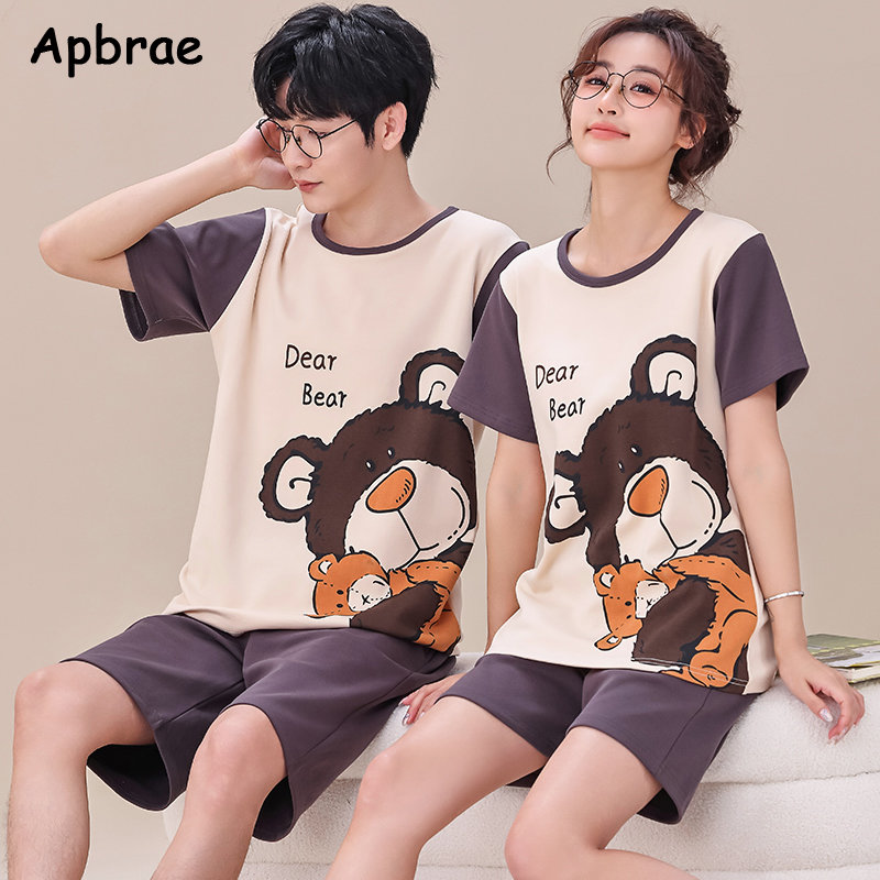 Pyjama d'été à manches courtes pour jeune couple, short en coton respirant, vêtements de détente pour hommes et femmes, imprimé ours de dessin animé