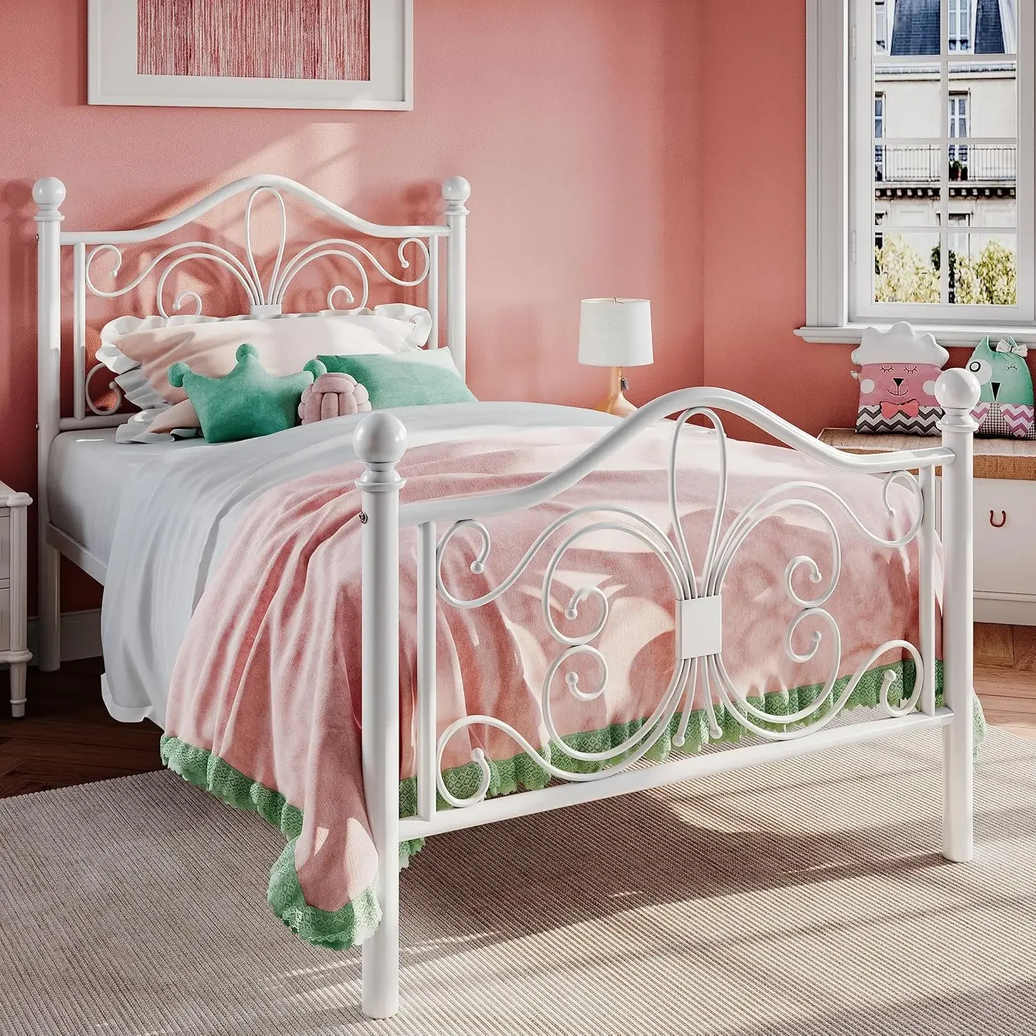 Twin Size Bed Frame for Kids,Metal Bed Frame with Butterfly Pattern Design Headboard &,No Box Spring Needed