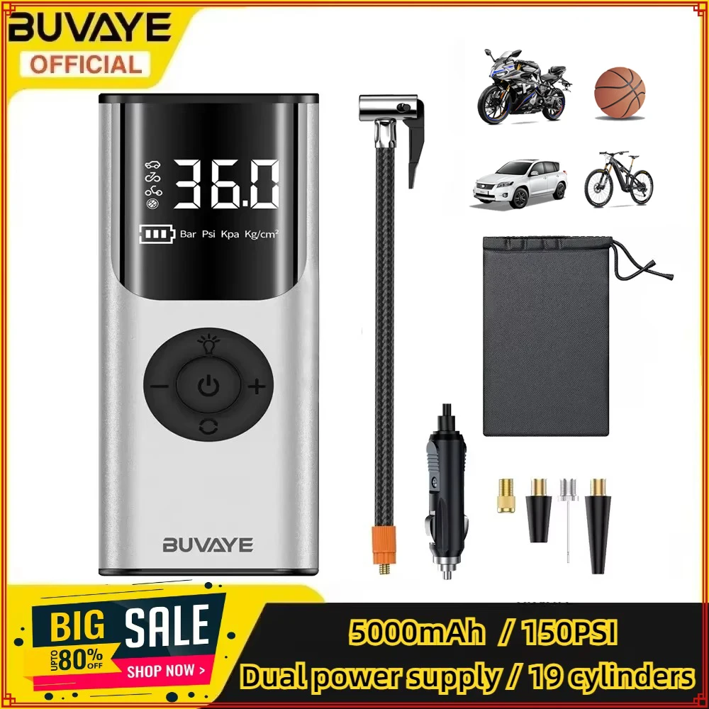 BUVAYE 150PSI Tire Air Pump Air Compressor Dual power supply Digital Automatic Inflation for Car Motorcycle Bicycle Ball