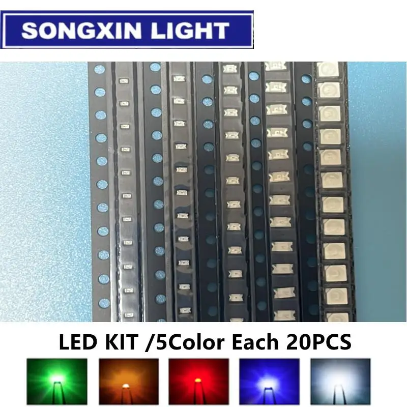 Kit de diodos LED SMD, Kit de diodo rojo, verde, azul, blanco, amarillo, 5 colores cada piezas, 100, 5730, 5050, 3528, 1210, 1206, 0805, 0603, 0402, 3020, 2835, 0,2, W, 20 piezas