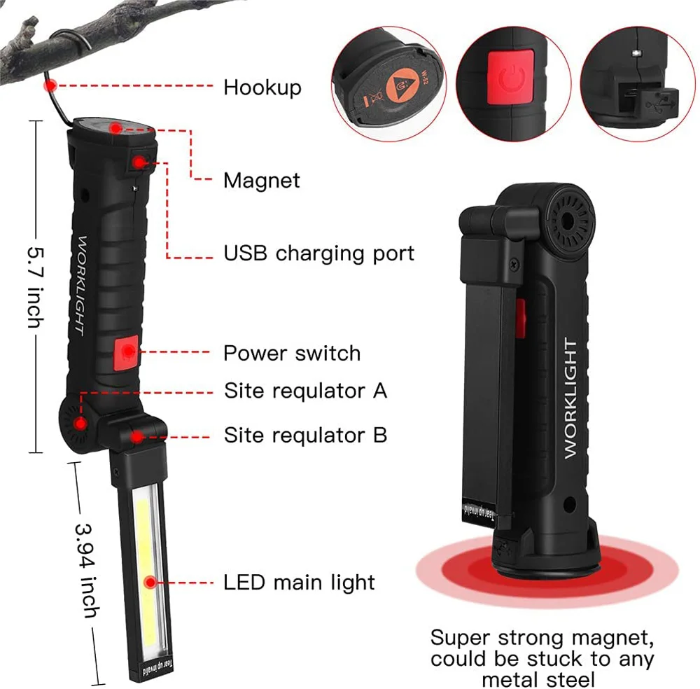 Новый портативный светодиодный фонарик COB, USB перезаряжаемый рабочий светильник, магнитный подвесной светильник Lanterna со встроенной батареей, фонарик для кемпинга