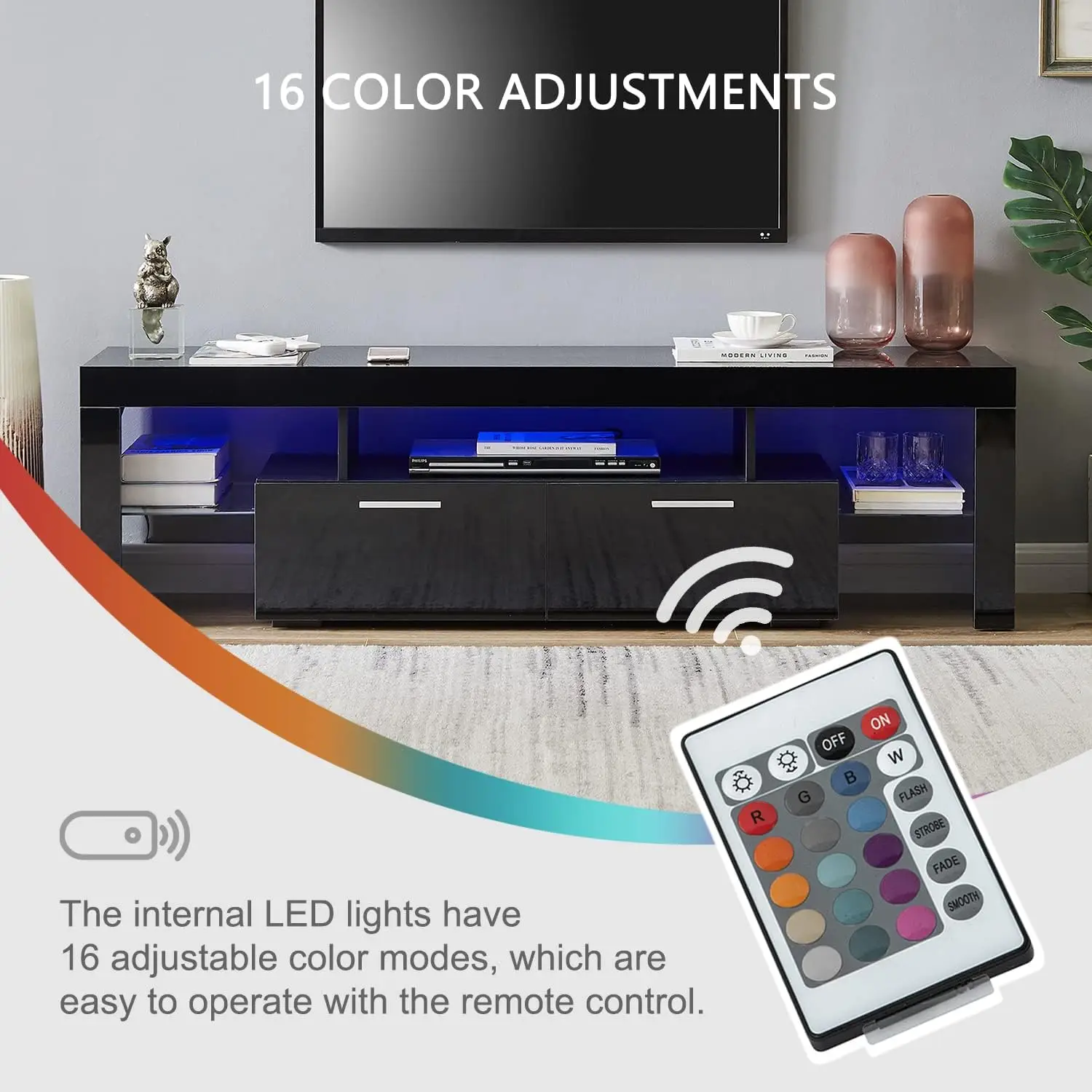 Black LED TV Stand for 75 Inch TV, High Gloss TV Entertainment Center with Storage Drawer, TV Console Table for Living Room