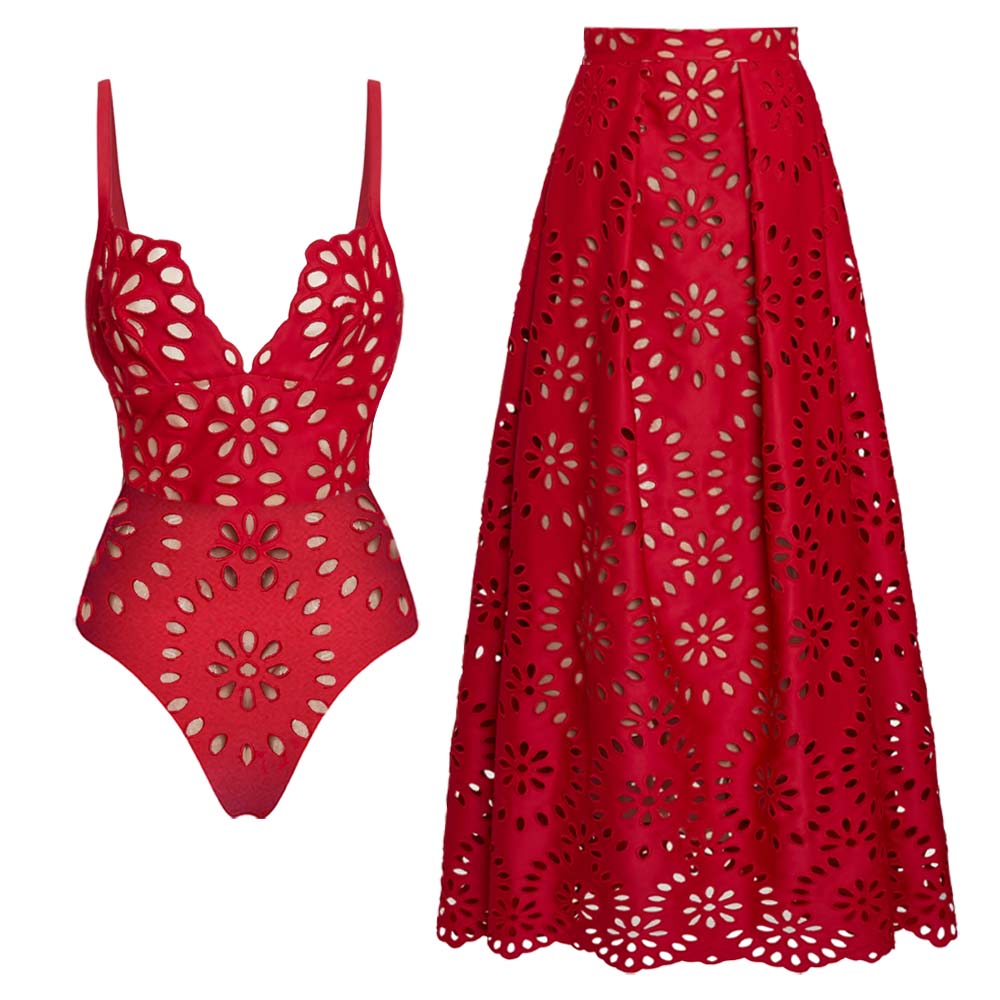 FLAXMAKER Traje de baño y falda de una pieza con huecos de flores, ropa de playa para mujer, traje de baño de lujo