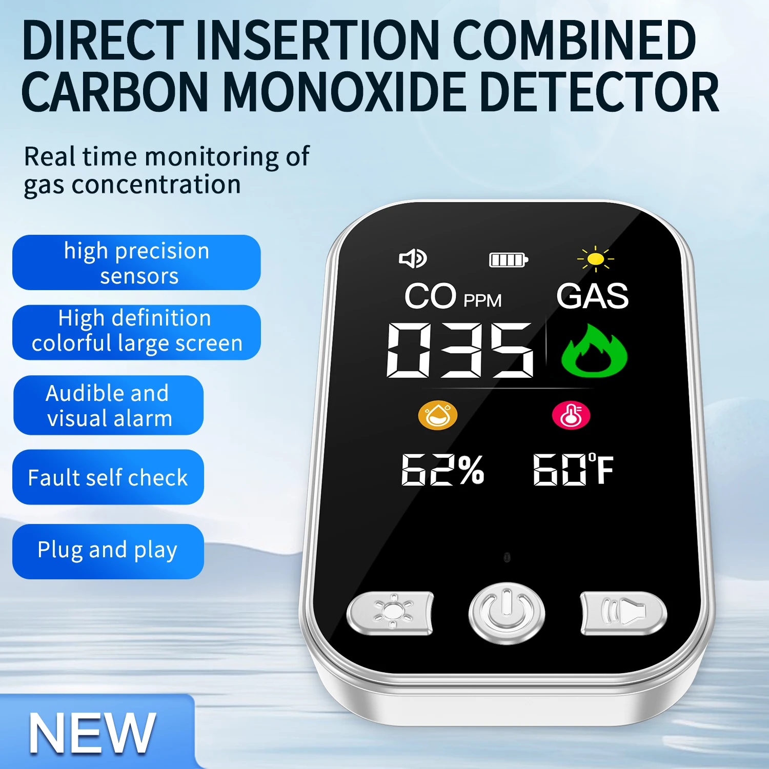 4 in 1 Carbon Monoxide Detectors Natural Gas Leak Detector Carbon Monoxide Detectors Plug-in Battery Backup HD Digital Display