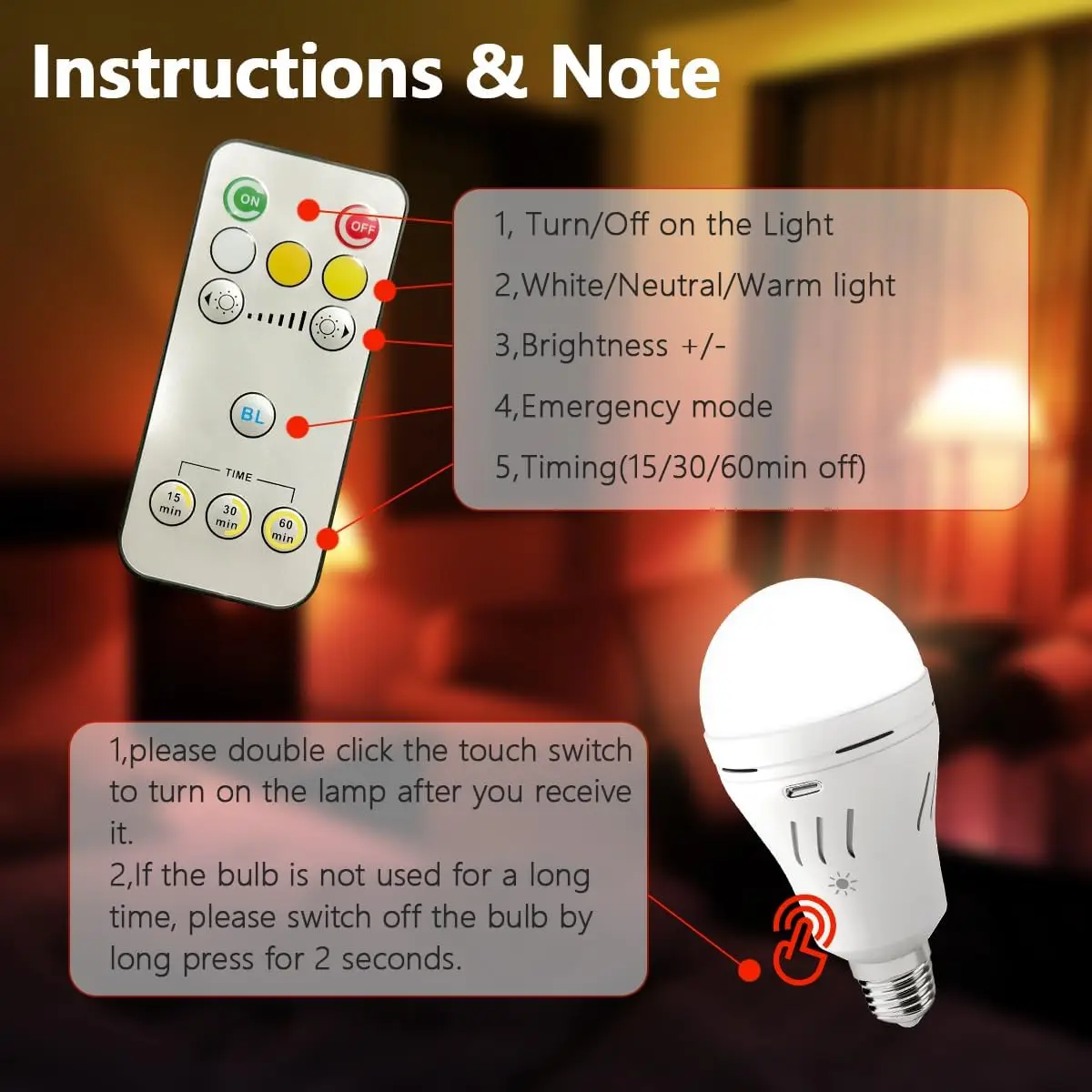 3 colour 9W AC100-240V Battery Emergency bulb Rechargeable led lights With remote control Cordless wall light replacement bulb