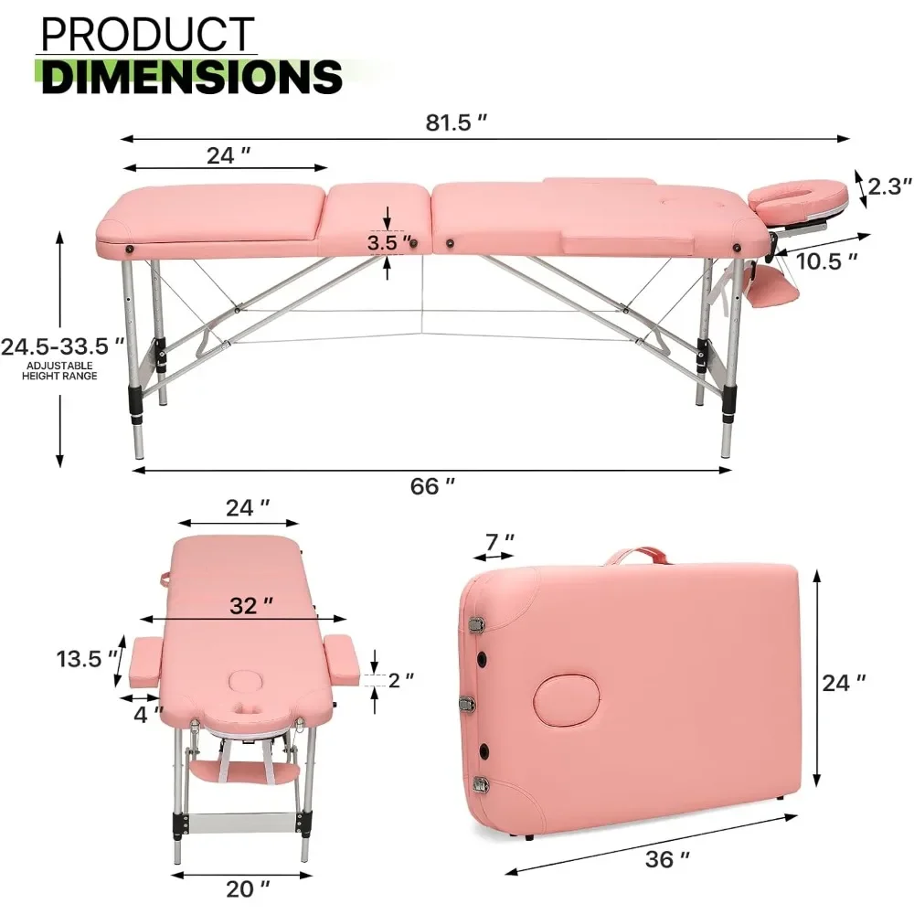 82" Portable Massage Table with Face Cradle, 3 Fold Professional Lash Spa Bed with Carrying Bag, Height Adjustable