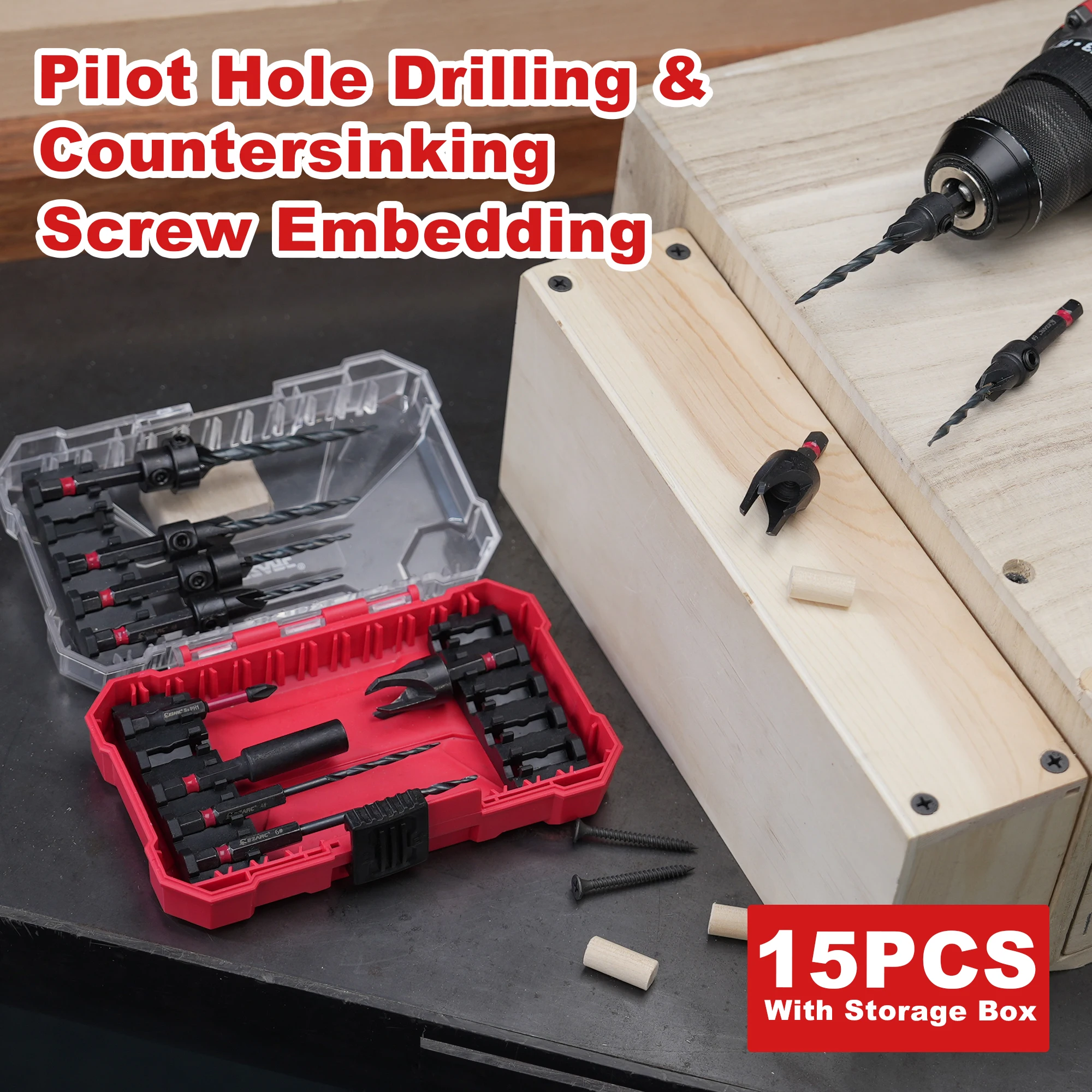 EZARC Countersink Drill Bit Set 15-Pack, Tapered Drill Bits Kit with 2PCS Wood Plug Cutter for Woodworking, with Storage Box
