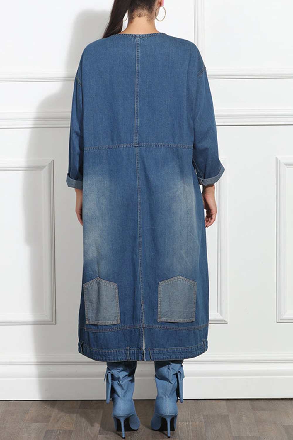 Plus Size Daily Blue Round Neck Long Sleeve Pocket Denim Midi Dresses for Women 2025