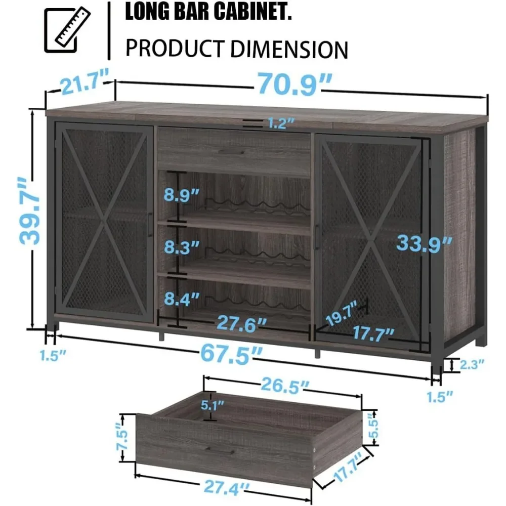 Bar Cabinet with Fridge Space, Farmhouse Big Liquor Cabinets with Drawer Storage, Rustic Wood Metal Large Wine Cabinet