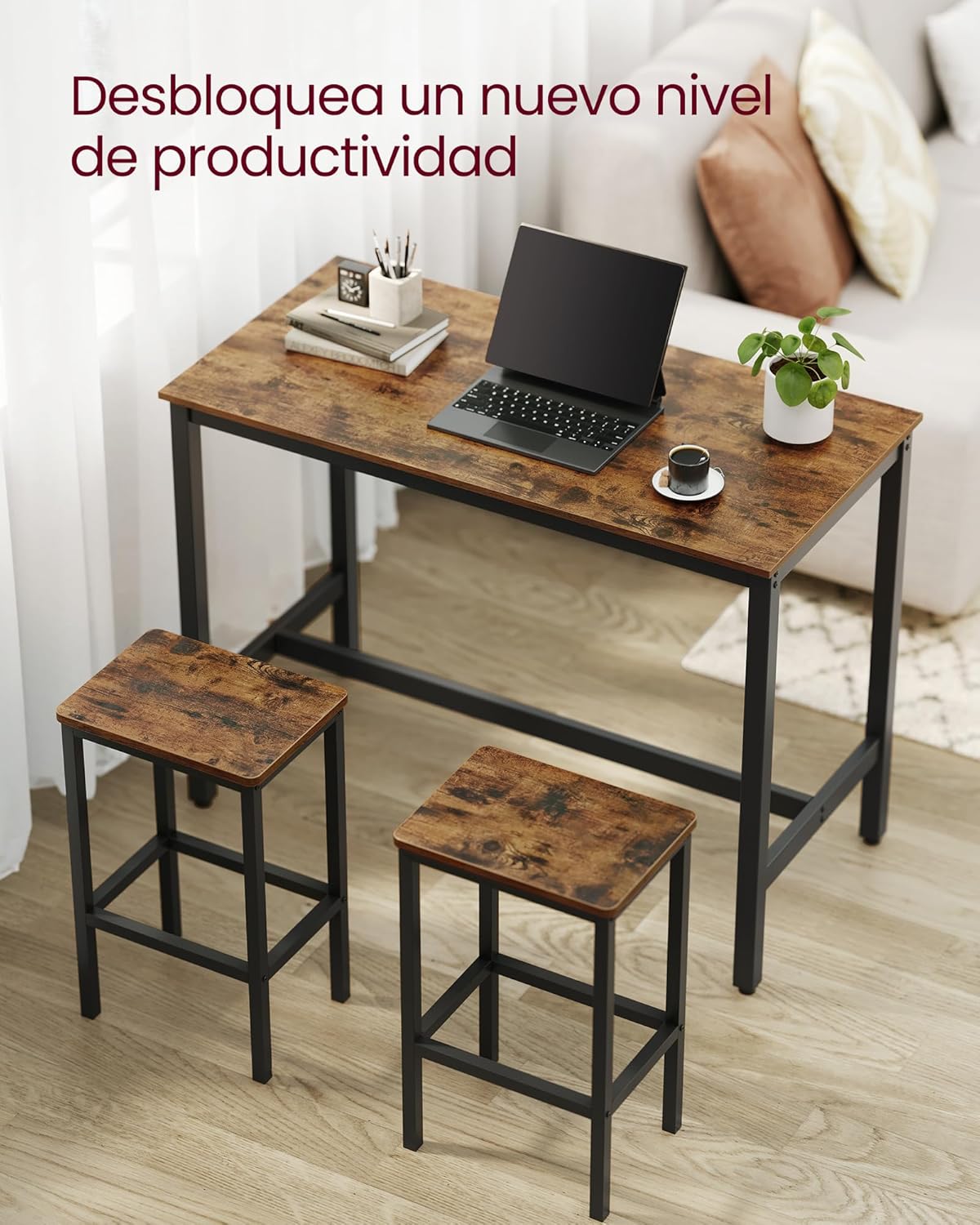 Juego 2,Mesa taburetes, cafetería sillas Bar, para Cocina, Sala Estar,Comedor, Madera ingeniería Aleación Acero,120 x 60 x 90 cm