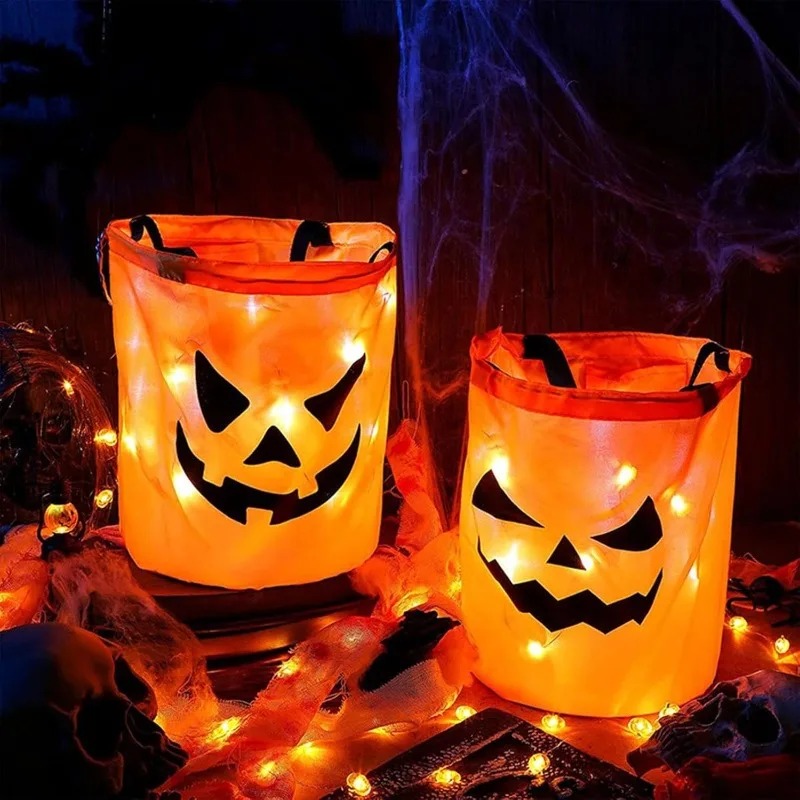 Balde de truque ou deleite com luz led, decoração de halloween com sacos de doces de abóbora dobráveis, cesta de presente para festa de ação de graças
