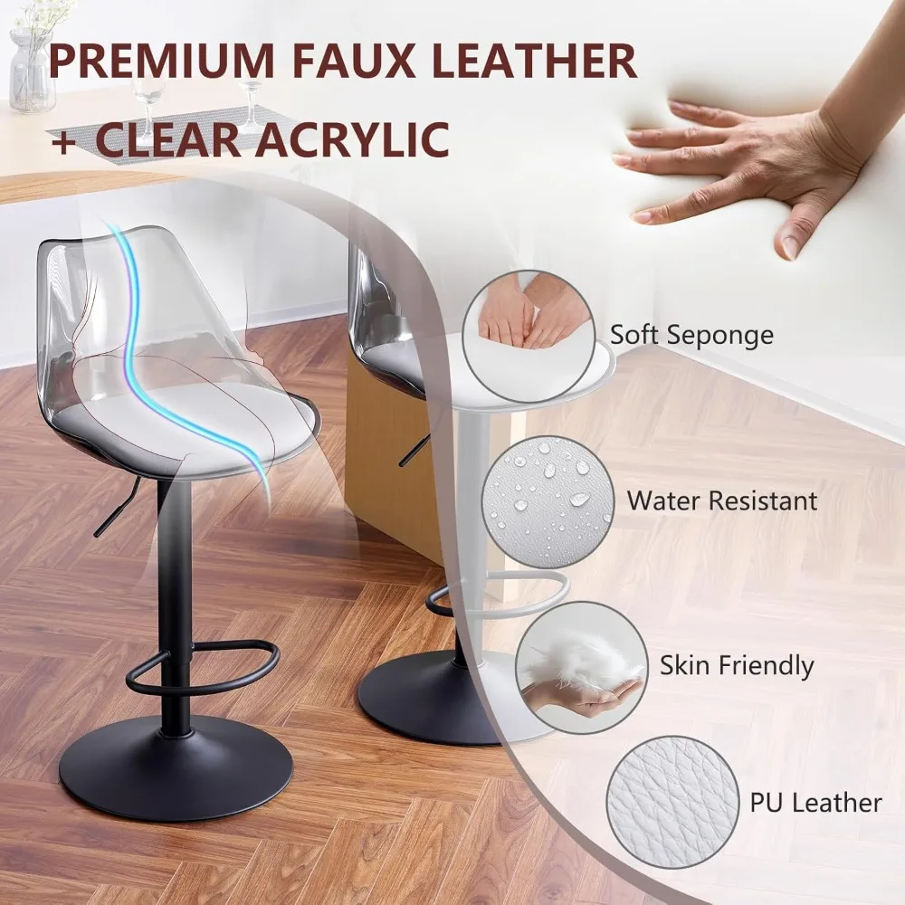 Modern Swivel Bar Stools Set of 2, Faux Leather Upholstered Counter Height Stools with Clear Acrylic Backrest, Adjustable Bar