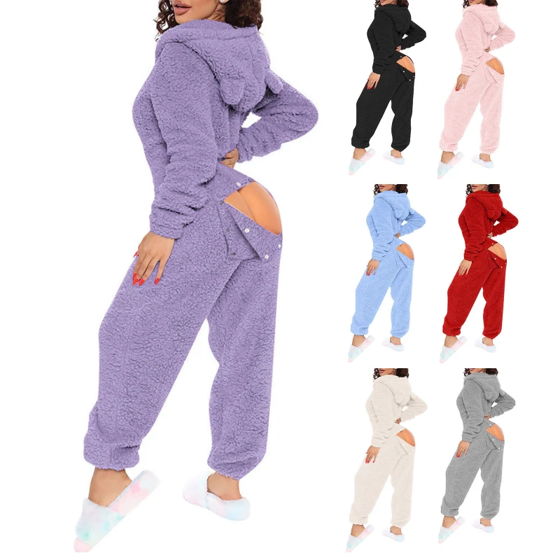 Ueteey-mono de pijama Sexy para mujer, mono funcional de manga larga con solapa abotonada en 3D, mono de salón para el hogar con capucha de terciopelo de felpa