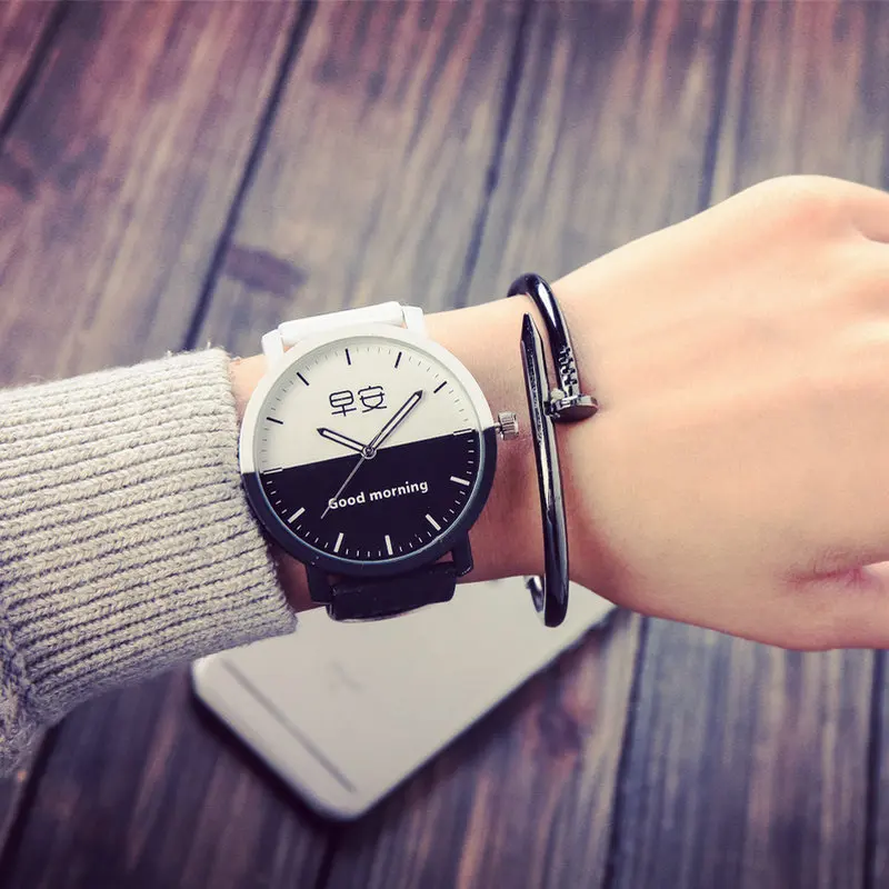 คนรักนาฬิกา Intimate Regards Good Morning Good Night Dial หนังควอตซ์นาฬิกาแฟชั่นยอดนิยมสีดําสีขาวนาฬิกาคู่