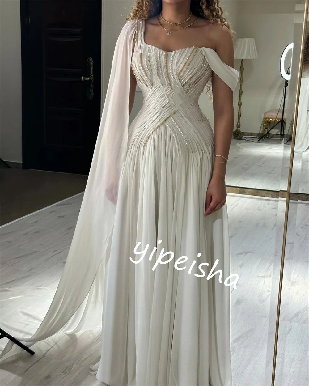 ที่กําหนดเอง Sparkle ประณีต JERSEY Beading Draped หมั้น A-Line Off-the-shoulder Bespoke โอกาสชุดยาวชุด
