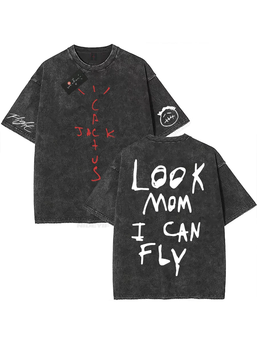 Camiseta 100% de algodón de gran tamaño para hombres y mujeres, camisetas lavadas de HipHop, camisetas de regalo de manga corta con jack de cactus, apariencia de mamá, puedo volar K39