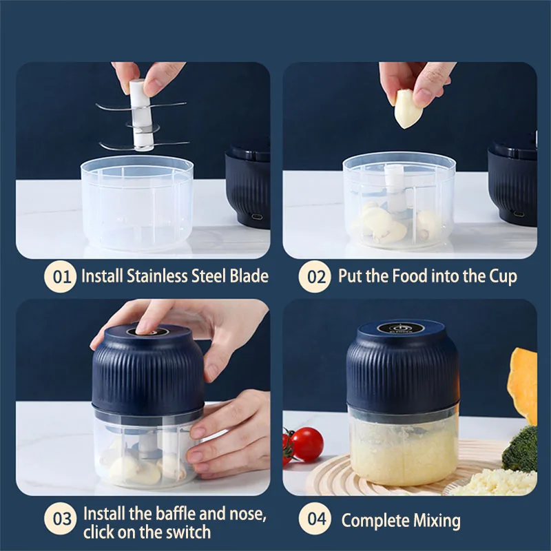 250ml Mini bezprzewodowy akumulator USB elektryczny rozdrabniacz do warzyw rozdrabniacz do czosnku rozdrabniacz do żywności do gadżetów kuchennych do czosnku