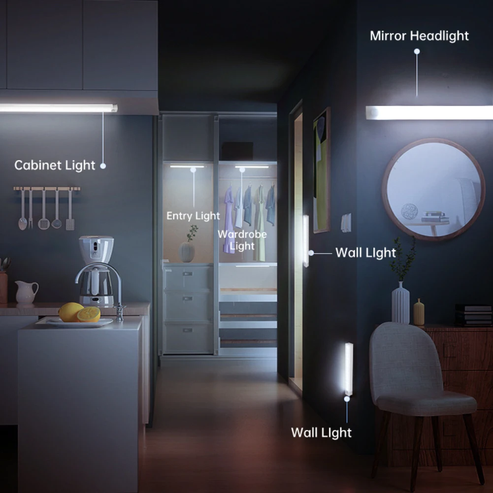 Luz nocturna con Sensor de movimiento, luz LED inalámbrica tipo USB, recargable, para armarios de cocina, dormitorio, armarios, iluminación de escaleras