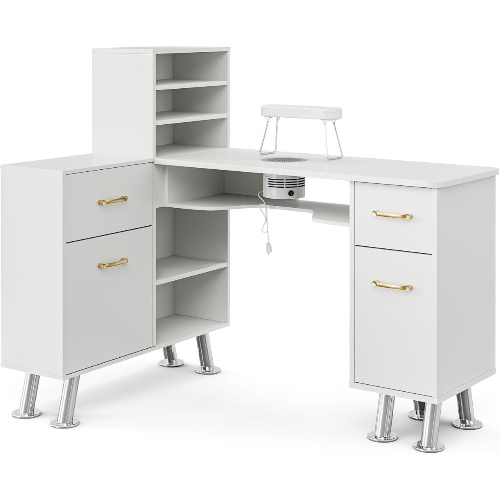 L-Shaped Manicure Table Nail Station with Shelves, Nail Tech Table Nail Table Station,Storage Cabinets,Metal Handles & Legs
