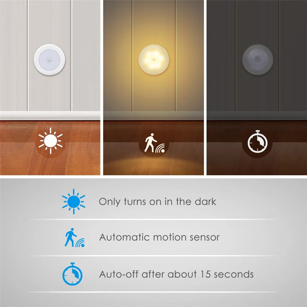 PIR Motion Sensor LED Night Light ไร้สายแบตเตอรี่ขับเคลื่อนตู้โคมไฟกลางคืนไฟข้างเตียงสําหรับตู้เสื้อผ้าบ้านห้องนอน