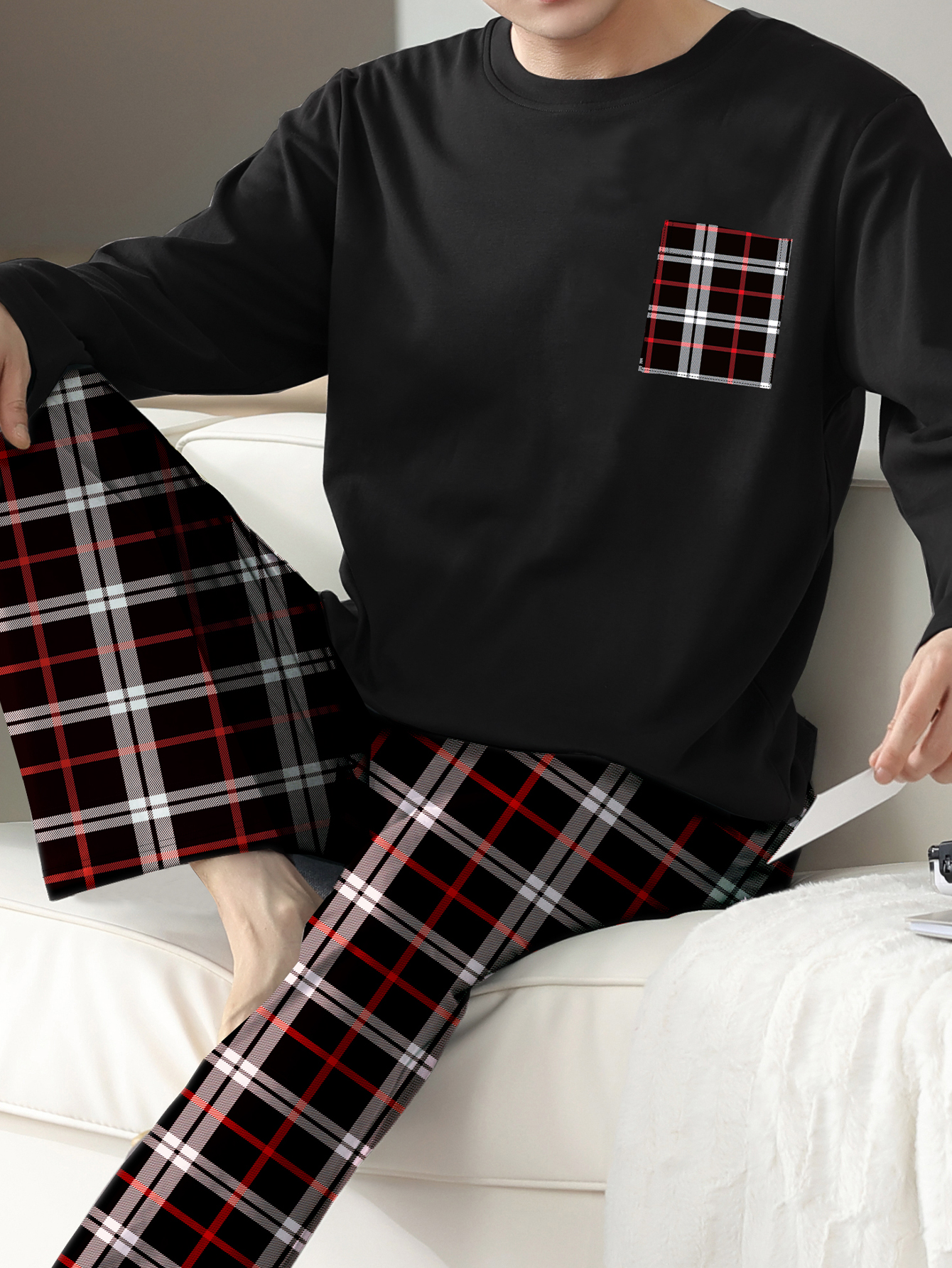 Conjunto de pijama de dos piezas para hombre ropa de dormir a cuadros pantalones de manga larga Otoño e Invierno