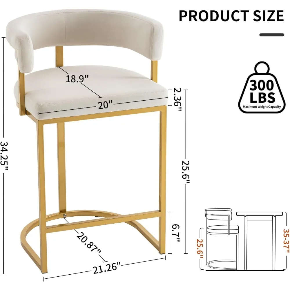 Beige Modern Velvet Bar Stools with Barrel Backrest, Upholstered Seat, and Metal Footrest – 25.6-Inch Seat Height
