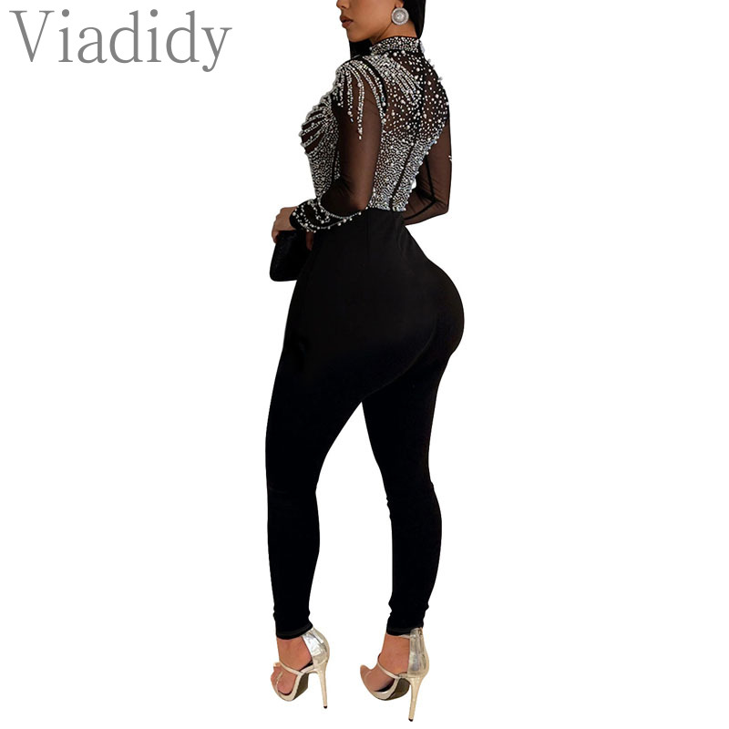 Frauen Sexy Einfarbig Langarm Sheer Mesh Perlen Strass Dekor Dünne Overalls