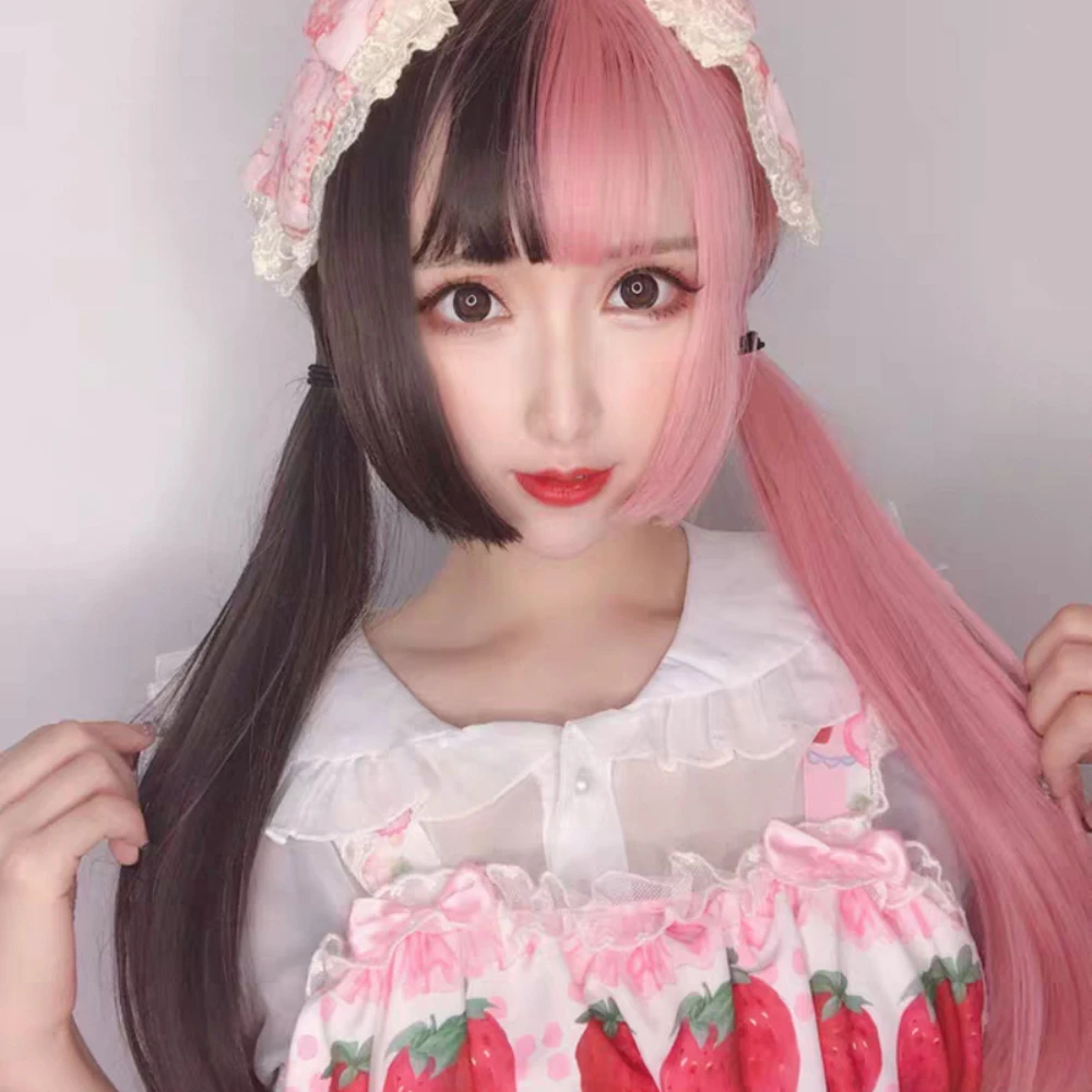 Lange Rechte Cosplay Synthetische Pruik Vrouwen Kostuum Partij Zwart roze Ombre Hittebestendige Synthetische Haar Pruiken Prinses snijdt pony