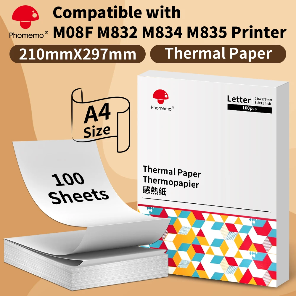 Phomemo A4 Thermodruckerpapier, Briefpapier, schnell trocknendes, durchgehendes Papier, geeignet für tragbare Drucker M832/M833/M834/M835, 2 Rollen