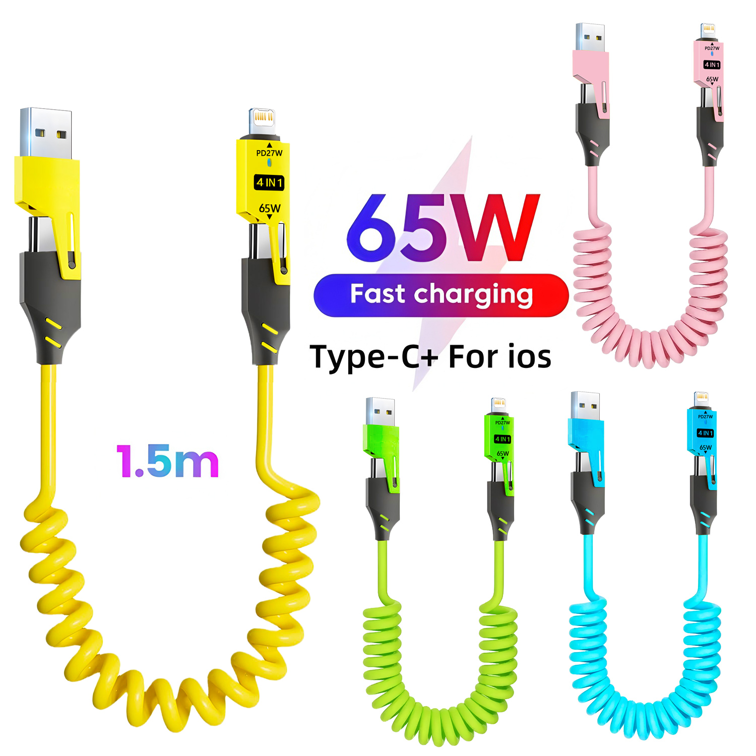 65W 4 in 1 Spring Short Data Cable 6A USB Type C Spring Telescopic Quick Charger Wire Spring USB Cable for iPhone iPad MacBook