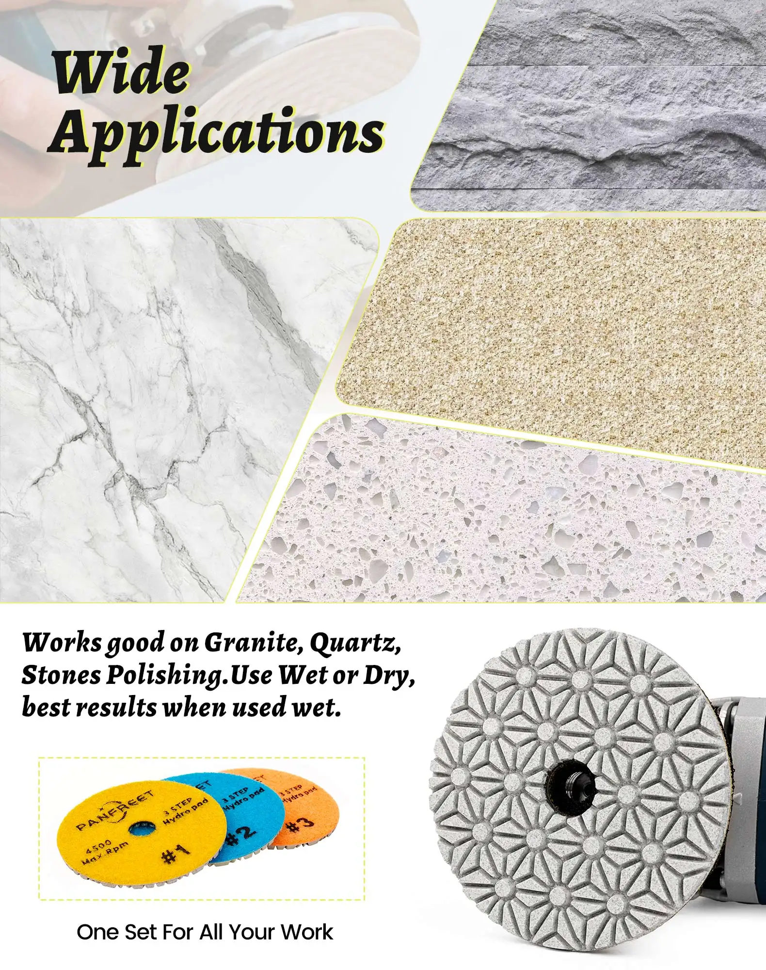 Panfreet Wet/Dry 3 Step 4 Inch Diamond Polishing Pads Granite Polishing Pads for Granite Quartz Marble Concrete Terrazzo