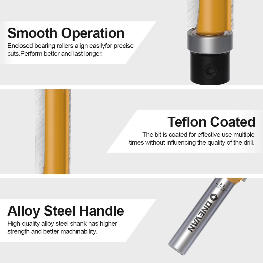 ONEVAN รูปแบบ Flush Trim Router บิต 6/6.35 มม., แบริ่งด้านบนแม่แบบเครื่องตัดสําหรับไม้งานไม้ตรง end Mill ใบมีด