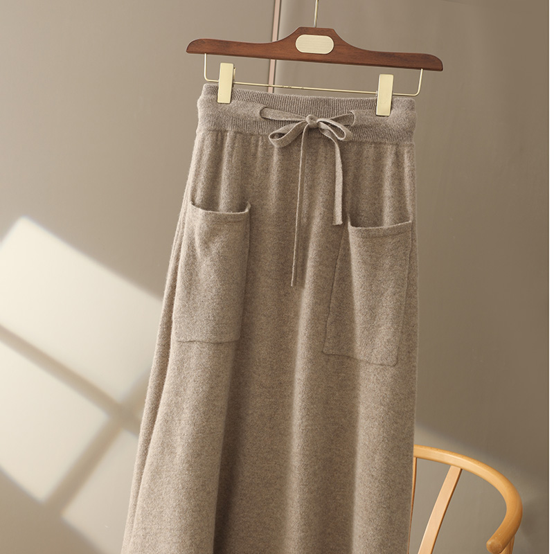 Herfst En Winter 100% Zuivere Wollen Rok Vrouwen Lange Zak Kleine Een Rok Hoge Taille Slanke Kasjmier Gebreide A-lijn Rok