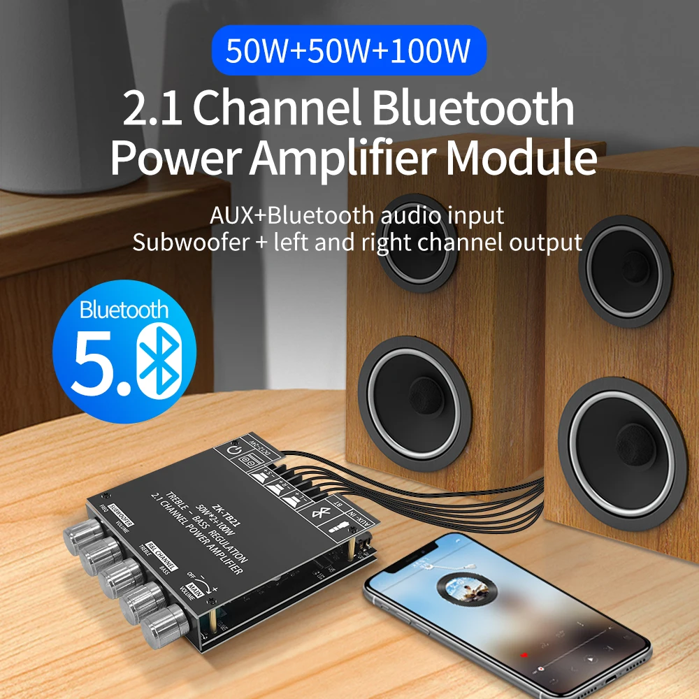 Módulo amplificador de subwoofer estéreo de áudio compatível com bluetooth 50w * 2 + 100w placa amplificadora de potência digital de 2.1 canais aux ZK-TB21
