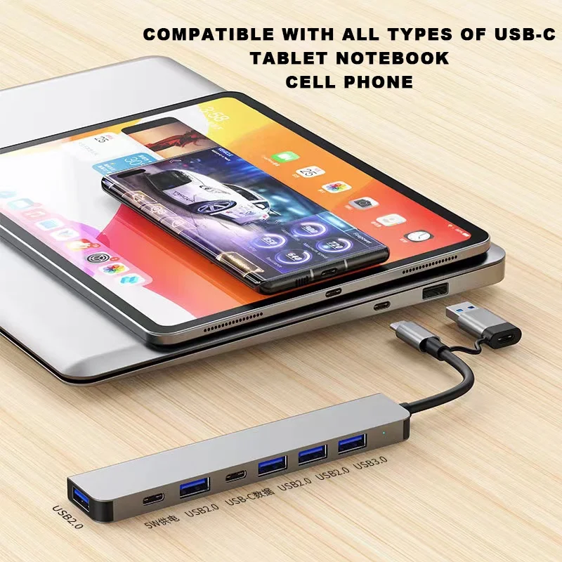 USB C Hub USB Splitter Extensor USB 7 en 1 con 4 puertos USB 1 puerto USBC Lector de tarjetas TF/SD Salida de audio Compatible con MacBook
