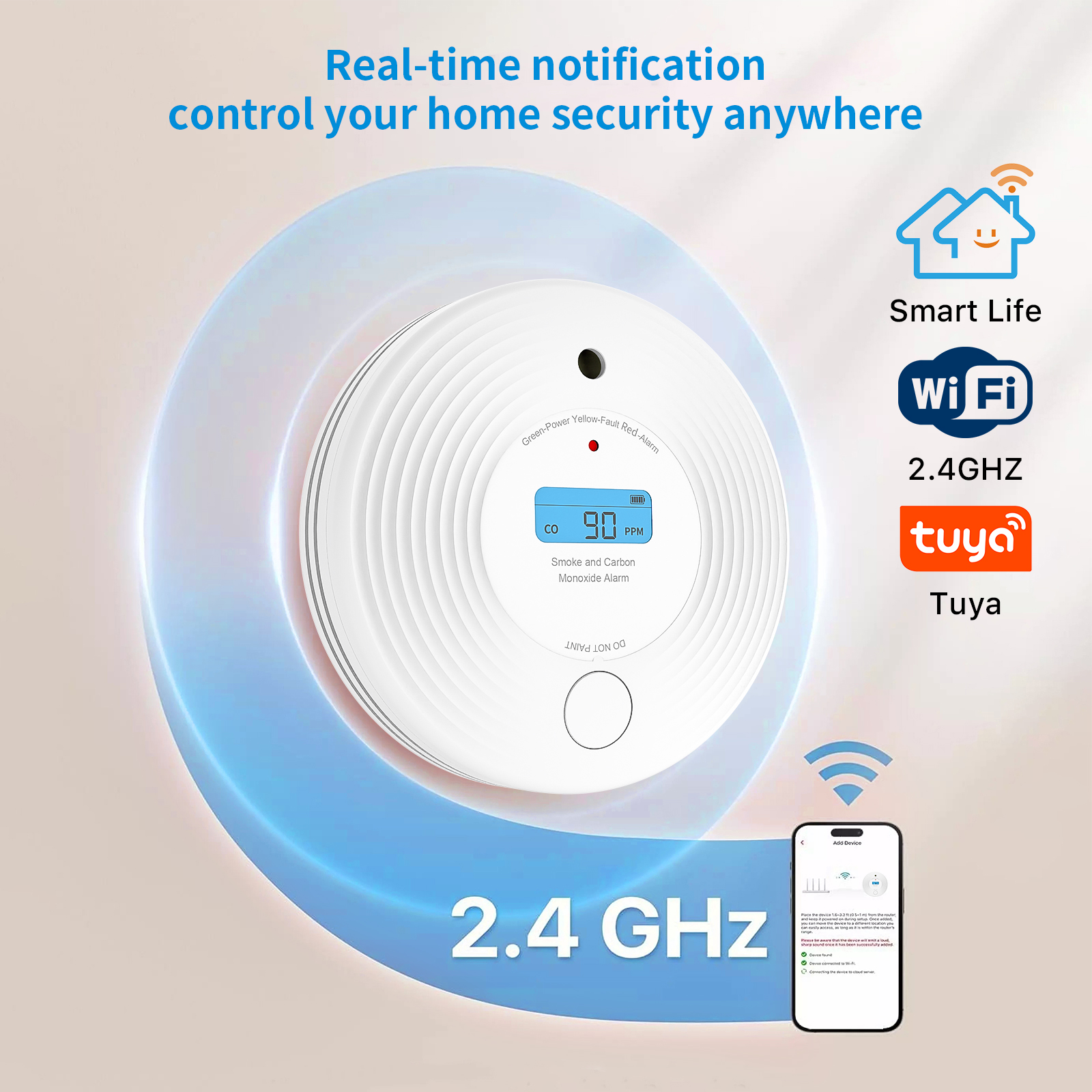 TuyaSmart Combo Smoke and CO Detector, 2-in-1 Dual Sensor, AA 1.5V Replaceable Alkaline Battery, 2.4GHz WiFi, Tuya App
