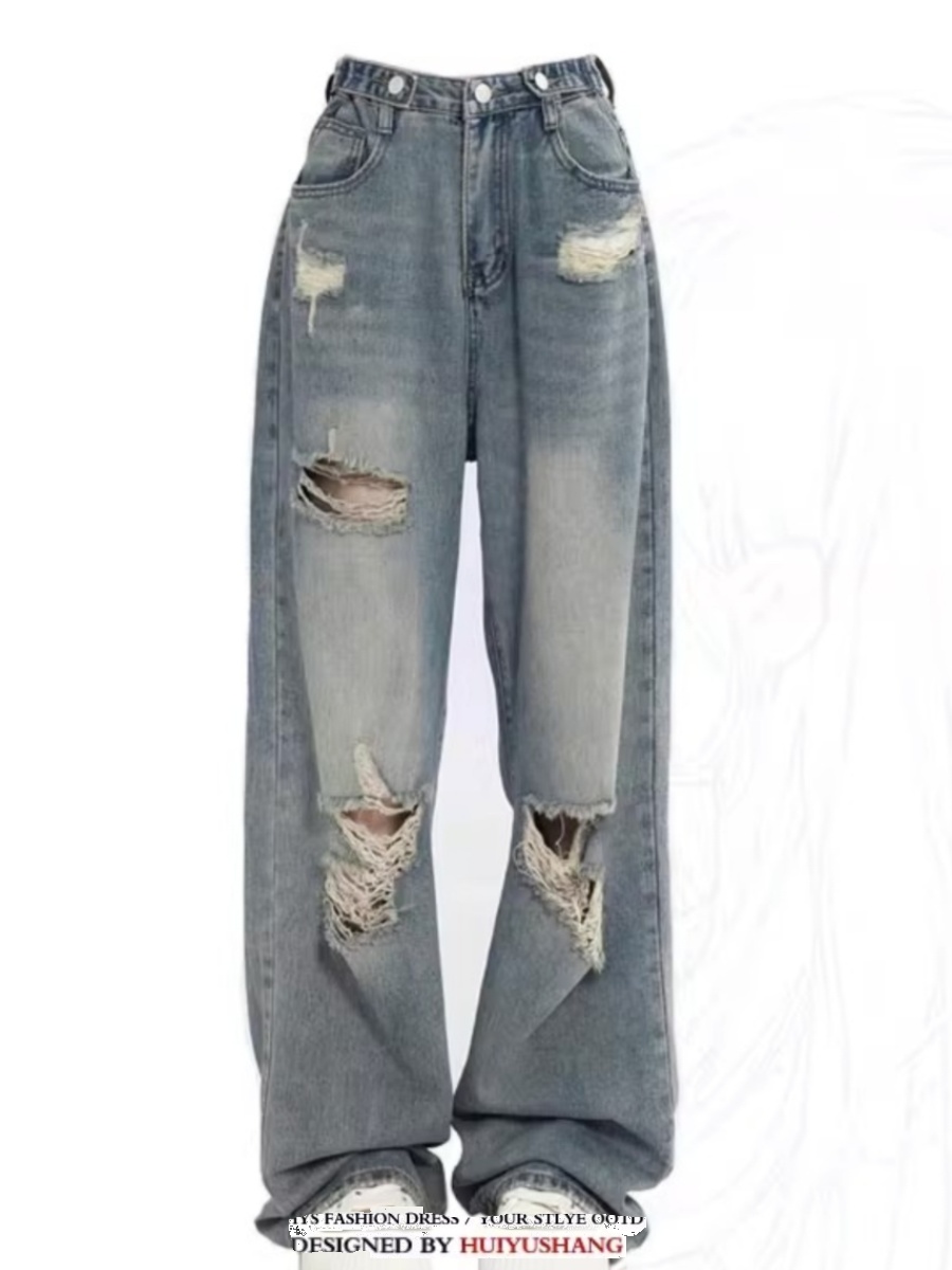American Sle High Waist Ripped Straight Leg Jeans Loose Wide Leg Pants Slimming Long Trousers for plus Size Women