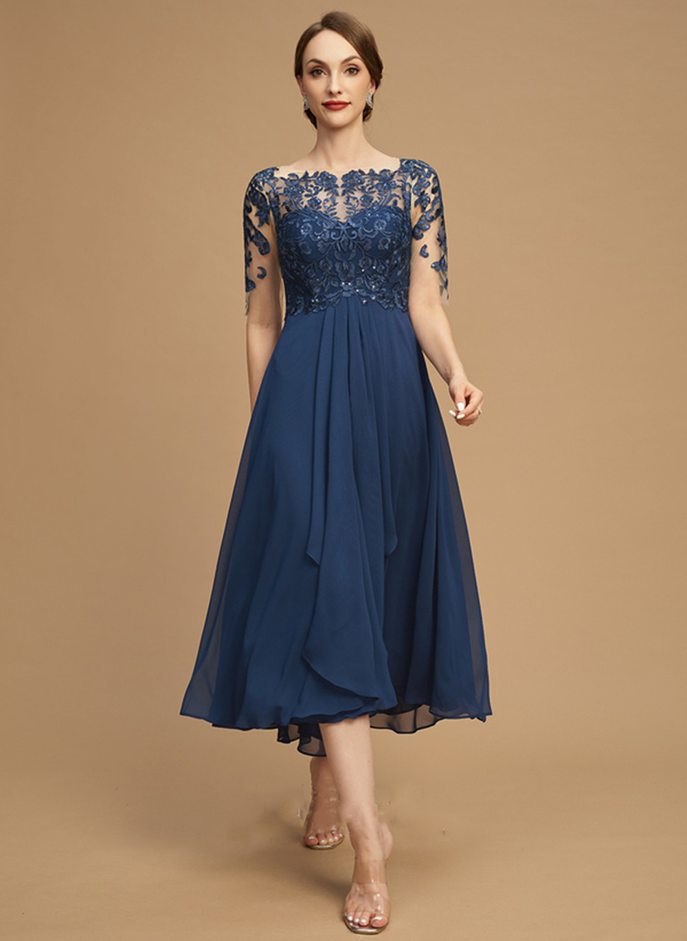 Frauen Chiffon Pailletten Blume halbe Ärmel knielanges Kleid Sommer Hochzeits zeremonie elegante Mutter der Braut Abendkleid