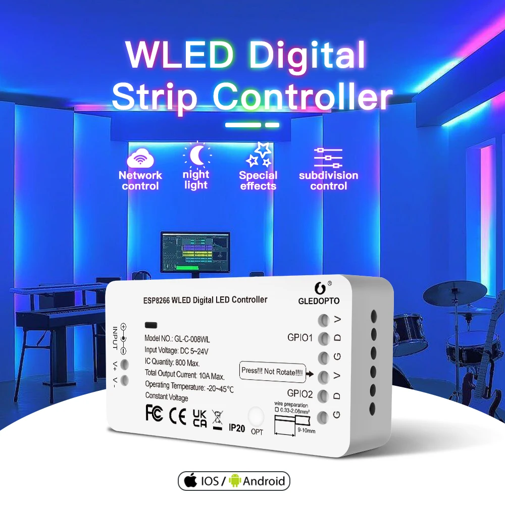Controller per strisce luminose digitali WLED WIFI DC5-24V Supporto WS2812 2811 SK6812 e altre strisce luminose RGB RGBW 800 IC possono essere fai-da-te