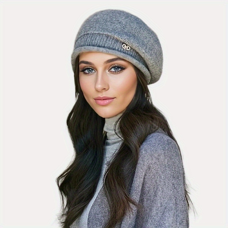 1 gorro de lana elástico para mujer con bolsillo, gorro de punto acrílico suave y acogedor para otoño e invierno