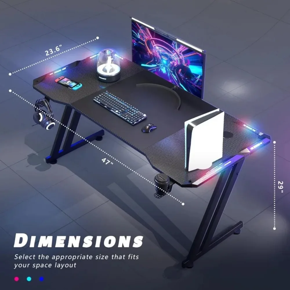 47 Inch Gaming Desk with LED Lights Carbon Fibre Surface Gaming Table Large Computer Desk Ergonomic Home Office Desks Z Shaped