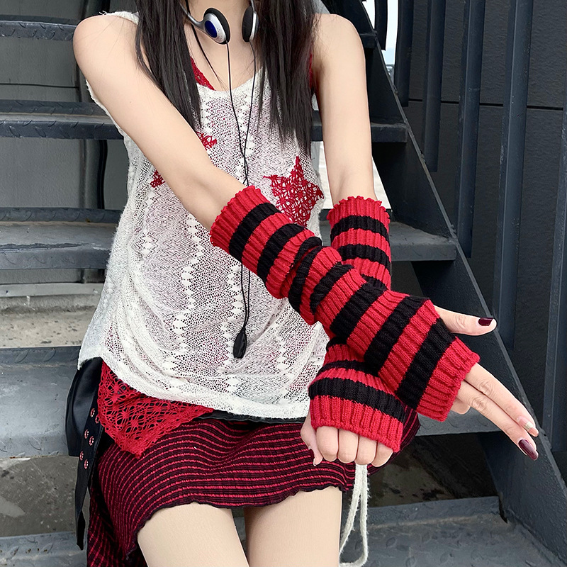 Y2K Mode Vrouwen Meisjes Gestreepte Elleboog Handschoenen Solid Goth Punk Gebreide Armwarmers Lange Half Vinger Armmouwen Elastische Handschoenen