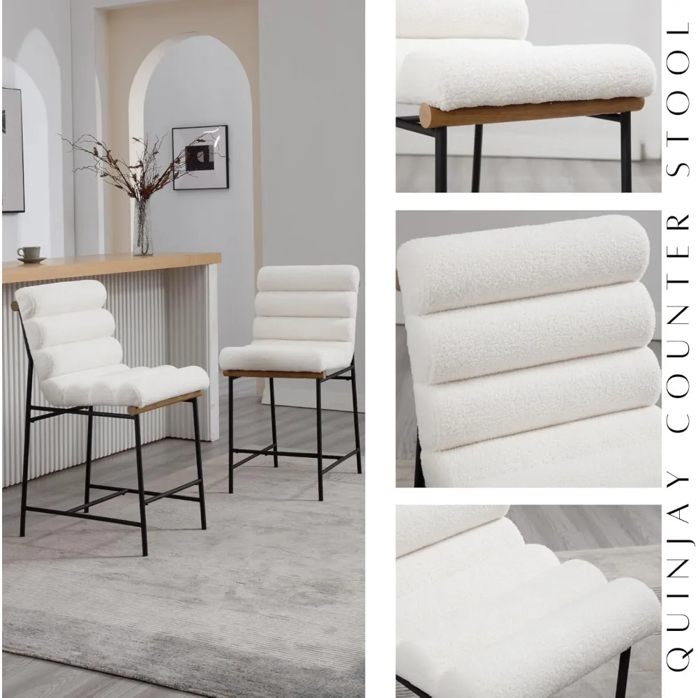 Pair of Modern Sherpa White Upholstered Counter Stools, 25 Seat Height with Tufted Back and Cushion for Comfort