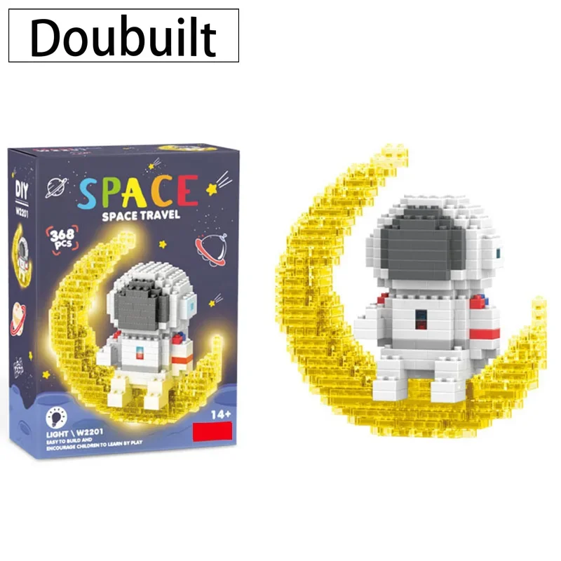 Knew Built Luminous นักบินอวกาศ Moon Micro อิฐบล็อกอาคารชุดของเล่นเพื่อการศึกษา LED Light Technology อิฐสําหรับผู้ใหญ่