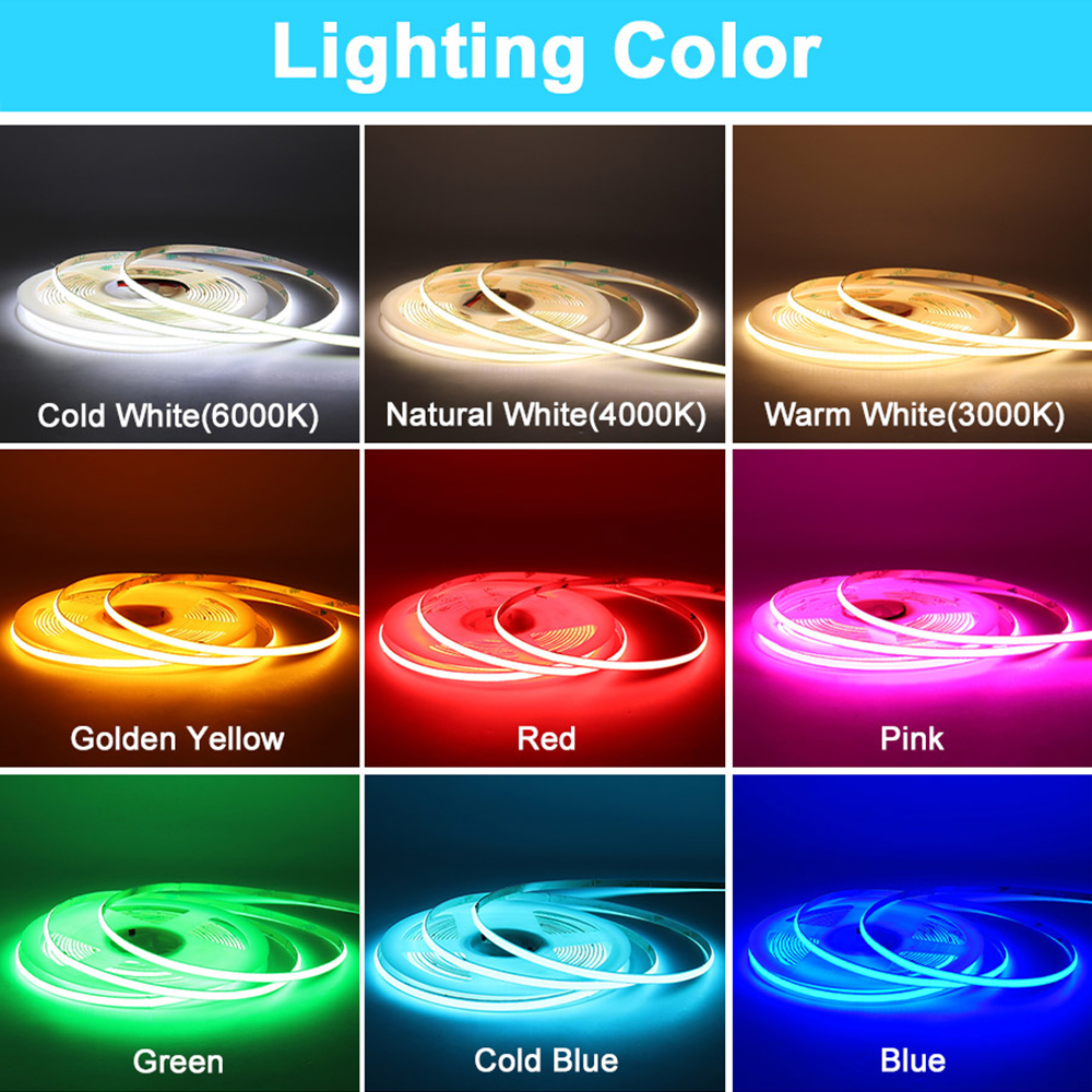 Tira de LED COB de 12V/24V rojo/amarillo/verde/rosa/azul/azul frío/cálido/Natural/blanco frío tira de LED RA90 regulable Flexible de alta densidad