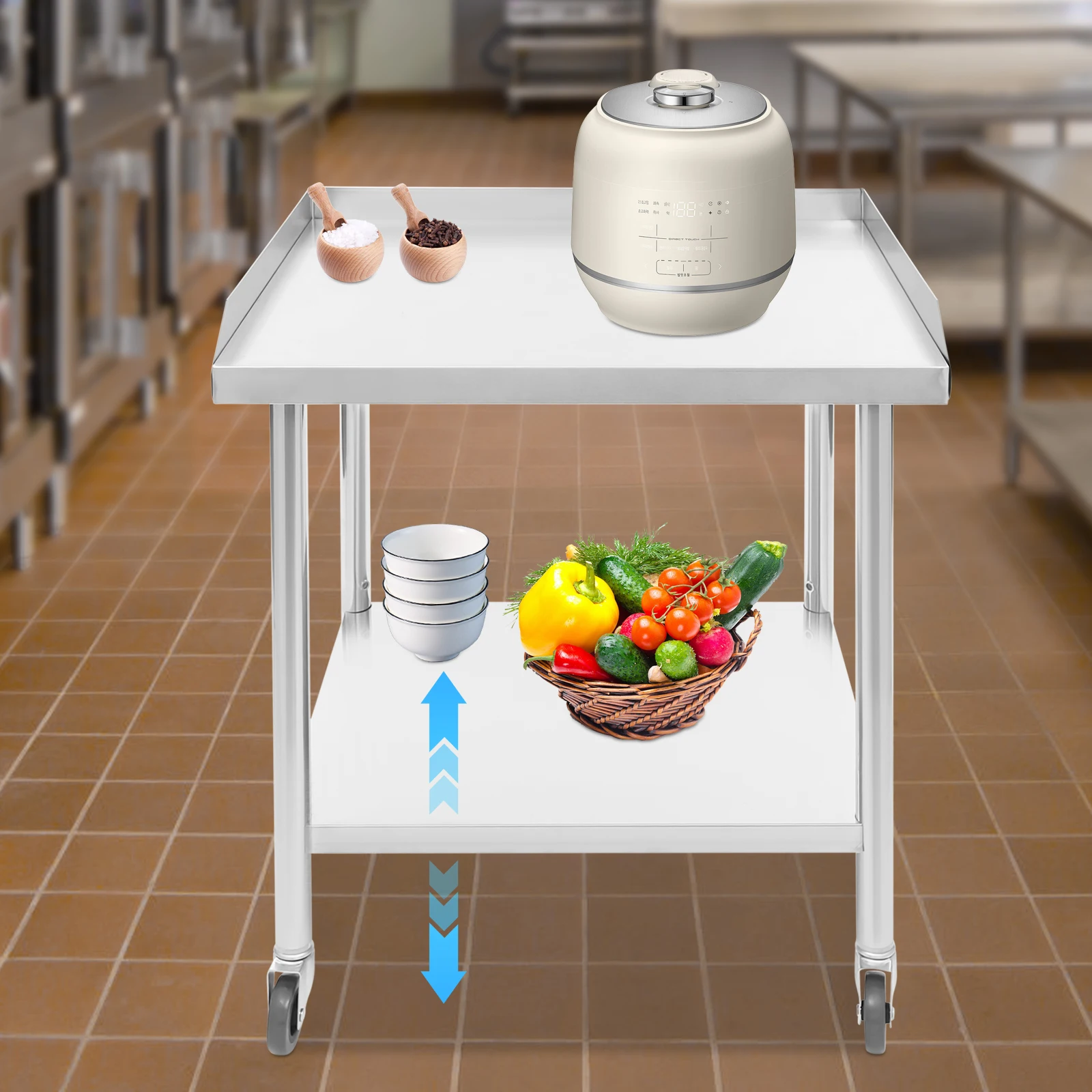 60*60*76cm 2-tier Stainless Steel Work Table, Commercial Prep Table with Wheels for Chopping Vegetables, Cutting Meat