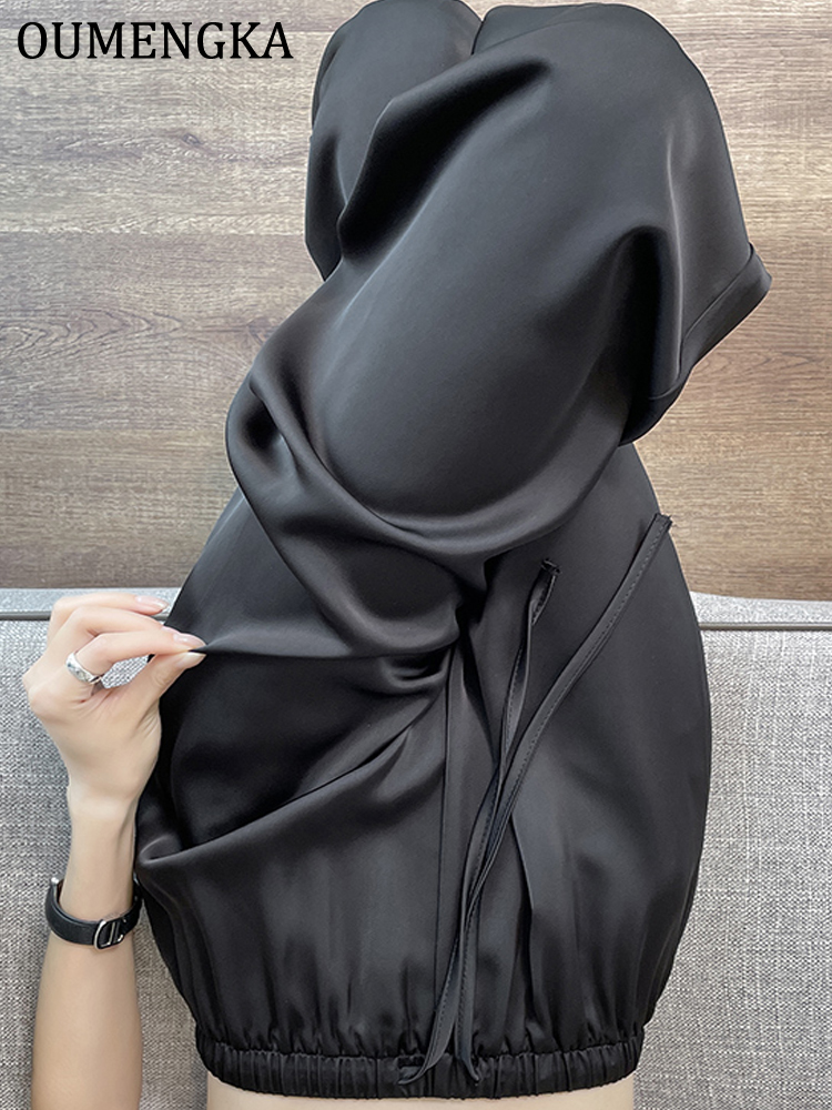 OUMENGKA femmes été couleur unie Satin taille élastique cordon ample jambe droite pantalon décontracté lisse coupe ample pantalon