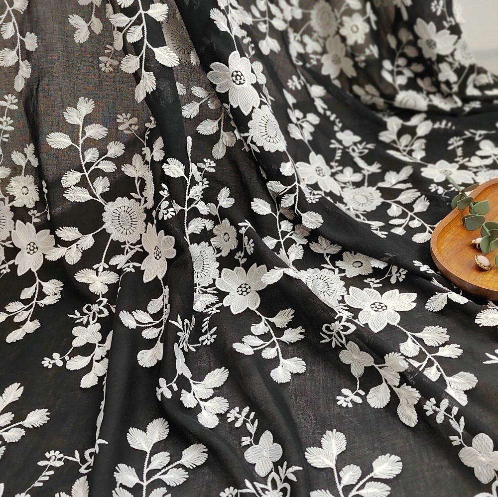 Tela de encaje bordado con ojales para mujer, ropa delicada bordada, algodón mezclado, blanco y negro flotante 3D